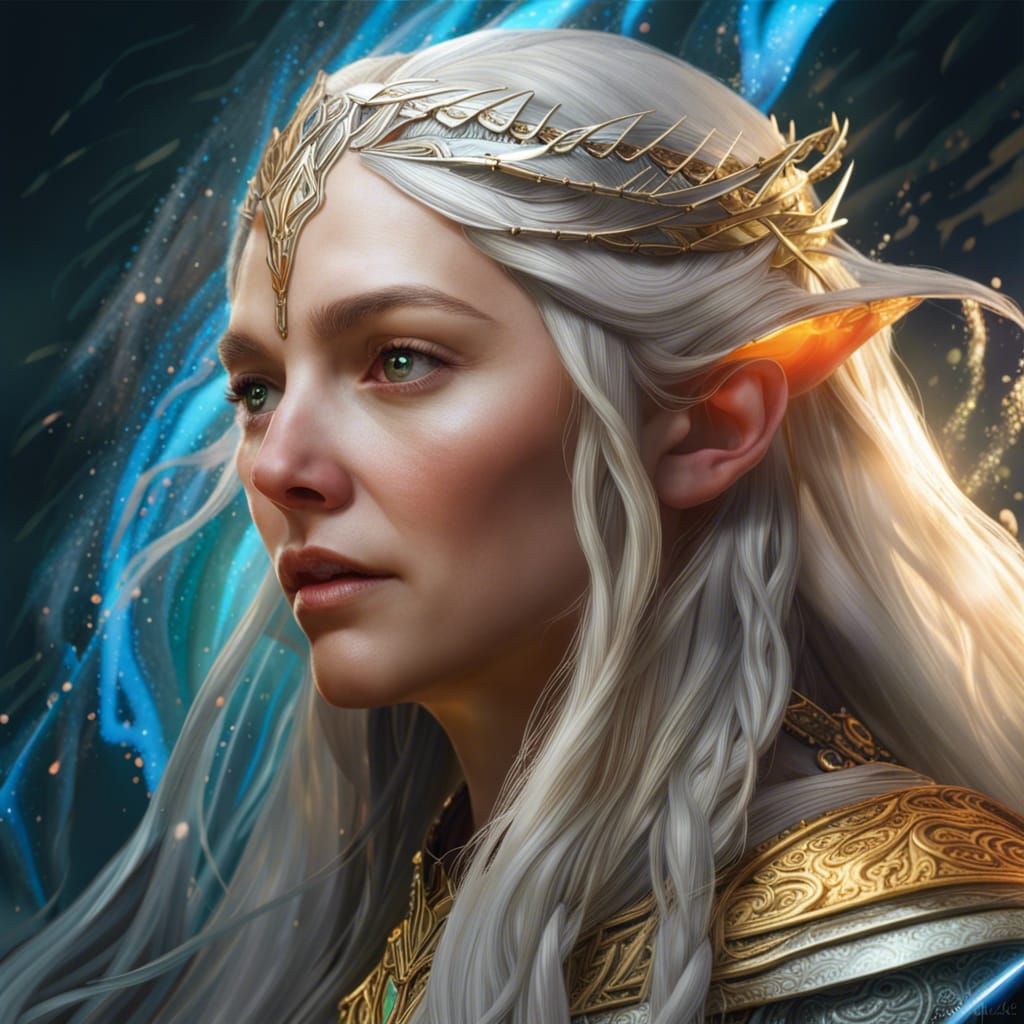 Hyperrealistic Portrait of Lady Galadriel as Splash Art