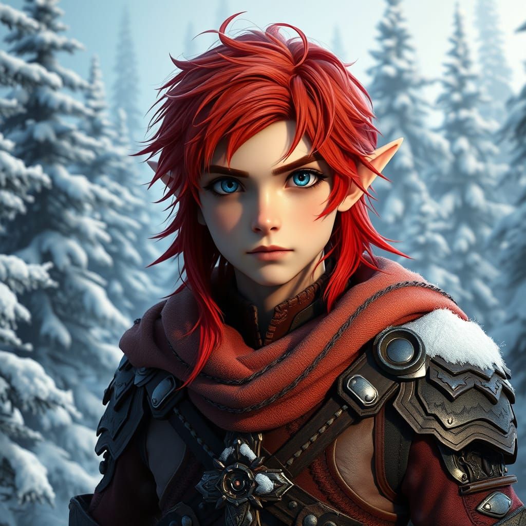 Elven Boy in Snowy Pines: 3D Anime Art