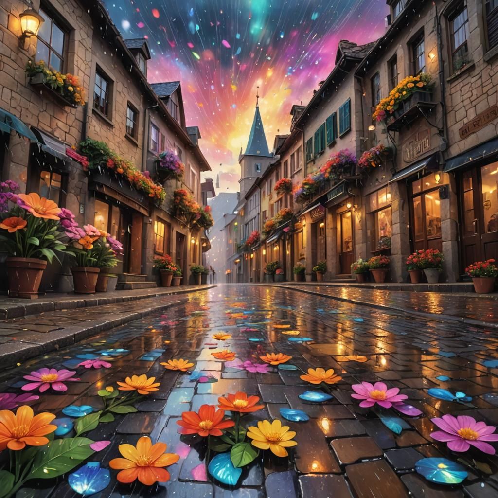 Cosmic Flowers in Rainy Village: Psychedelic Folk Art