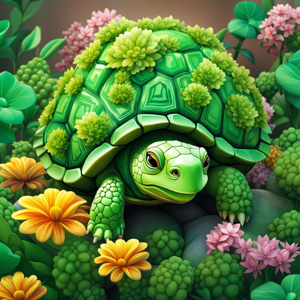 Hyperrealistic Chibi Tortoise with Green Flowers