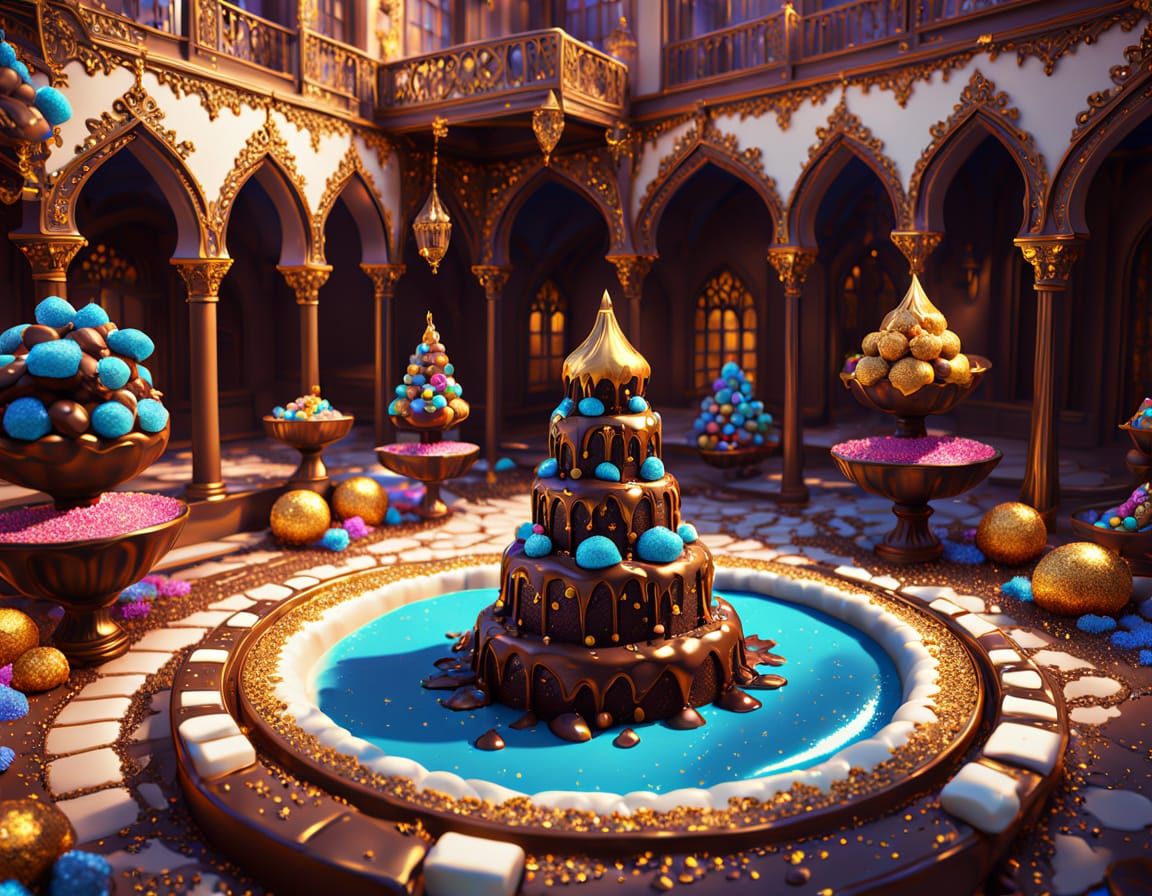 Chocolate fantasy royal courtyard made entirely of chocolate...