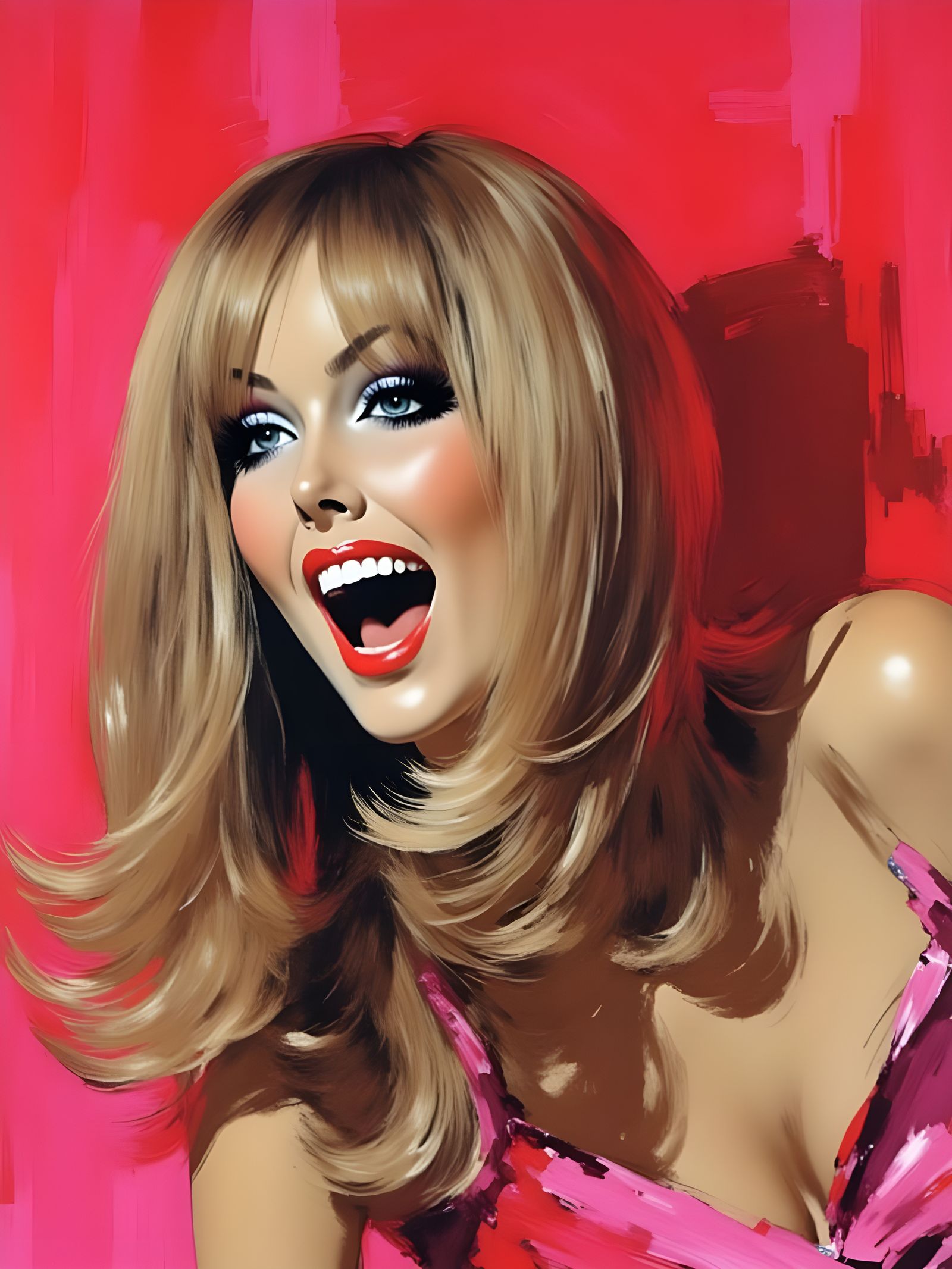 Abstract Impasto Portrait of a Happy Woman in 1960s Style