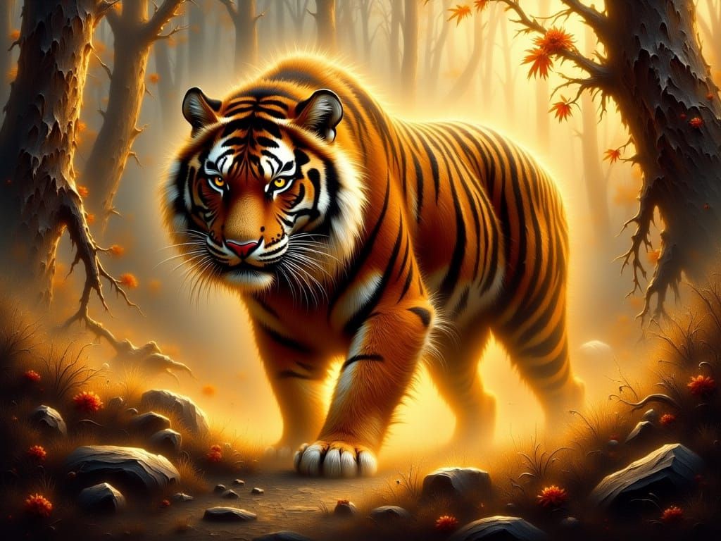 Regal Tiger in Golden Splendor, a Moody Oil Painting