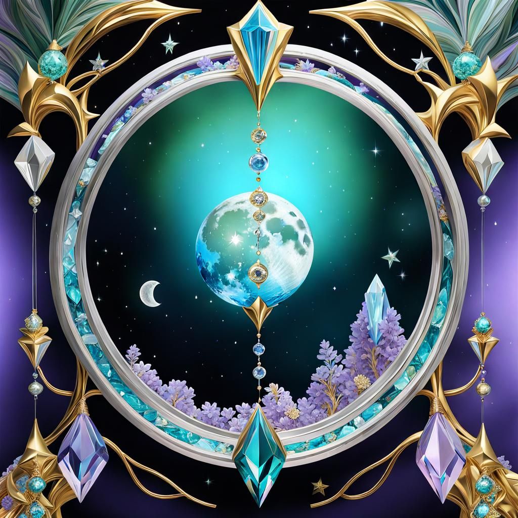 Surreal Crystal Moonscape in Gold, Silver, and Azure