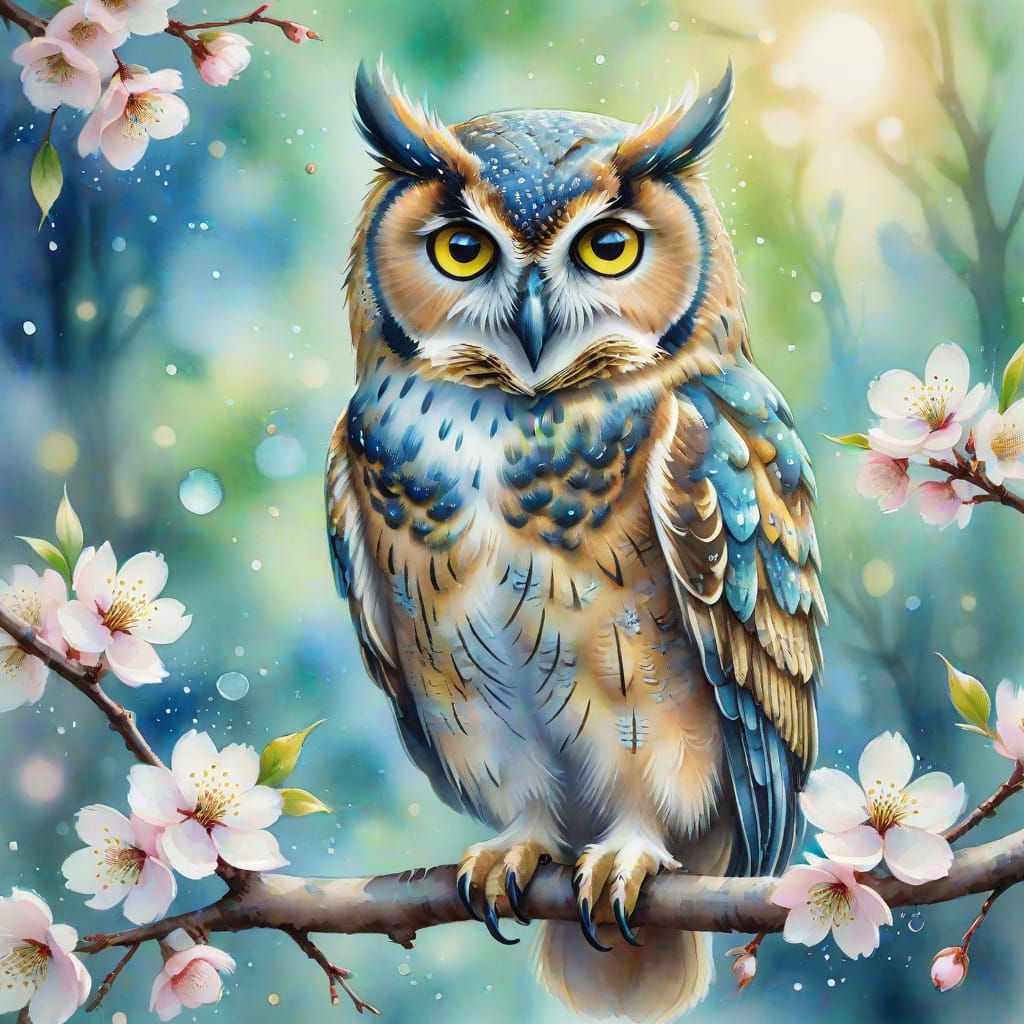 Majestic Owl on Cherry Blossoms in Pastel Watercolor