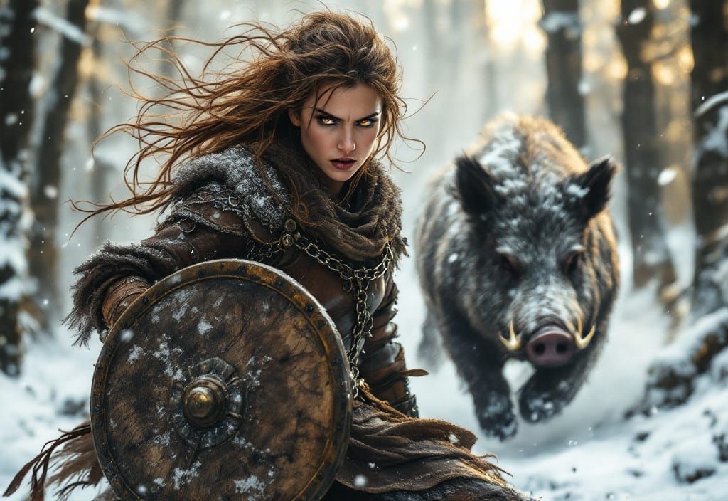 Hlín, Norse Goddess, Battles Boar in Snowy Forest