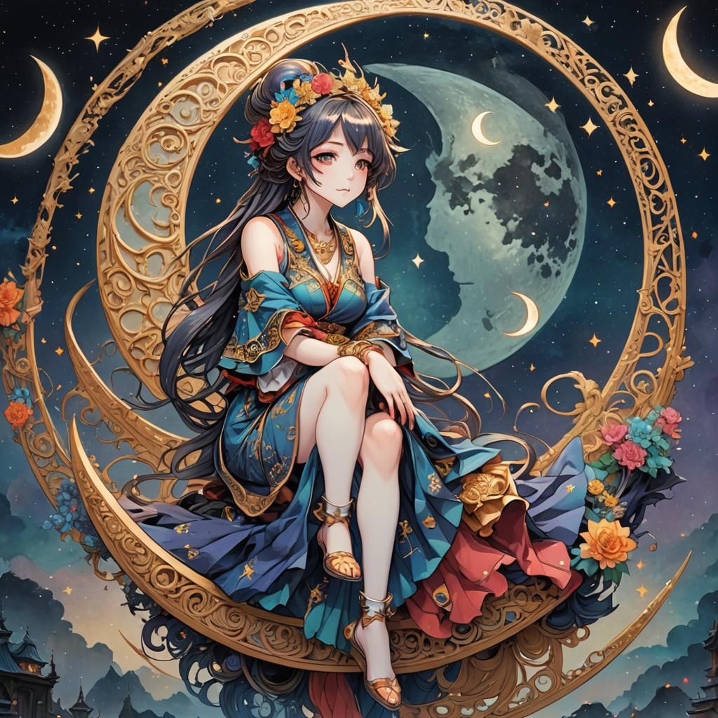 Anime Girl on Moon in Arcane Style