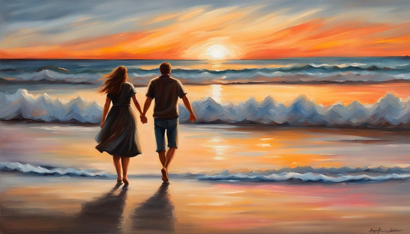Romantic Beach Sunset: A Rough Oil Painting