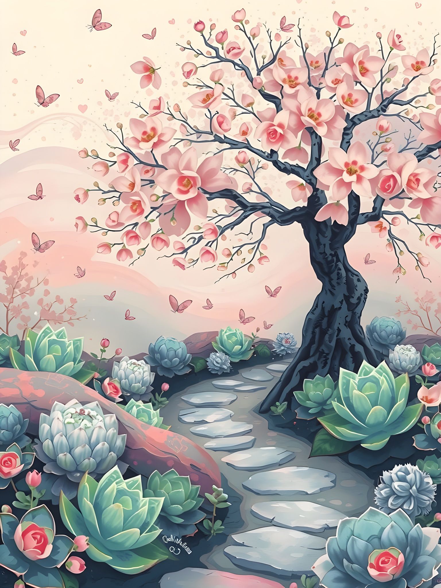 Whimsical Fine Art Asian Succulent Garden with Cherry Blosso...