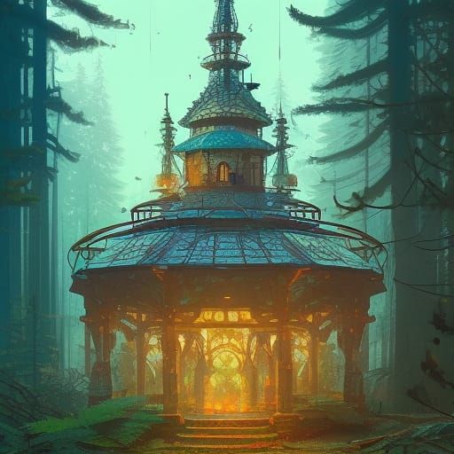 Steampunk Shrine in Alpine Forest, Digital Illustration