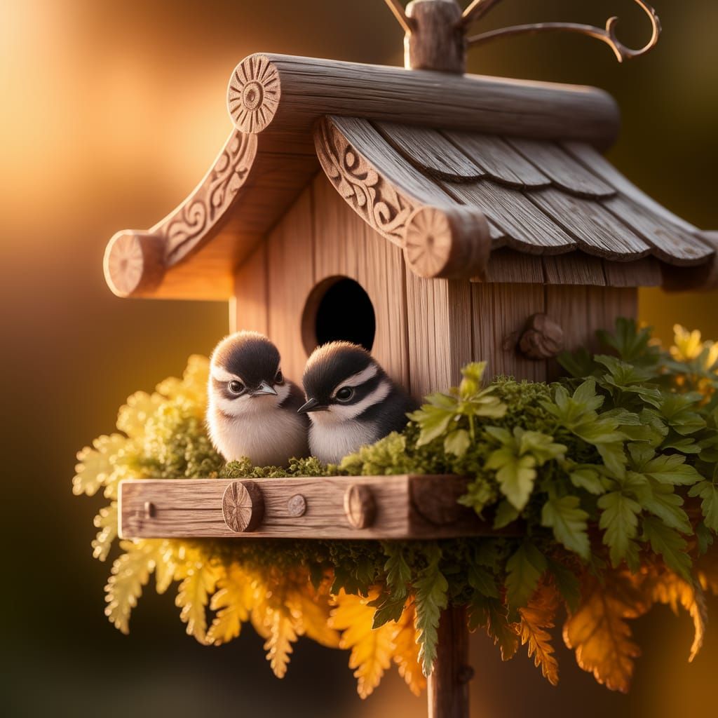 Baby Birds in Birdhouse at Sunset: Hyperdetailed Image