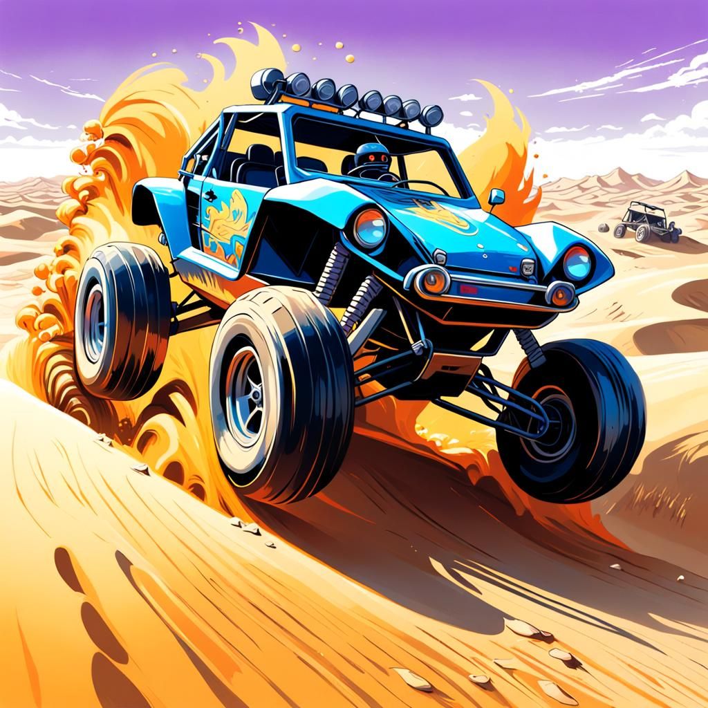 Dune Buggy Sand Jump in Comic Book Art Style