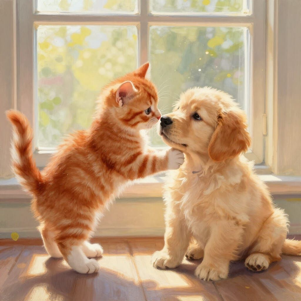 Fluffy Kitten Nuzzles Puppy in Warm Sunlight