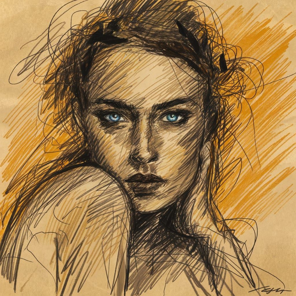 Woman with piercing blue-green eyes, bold, intense, soulful, emotional strokes defining her features, expressive lines a...