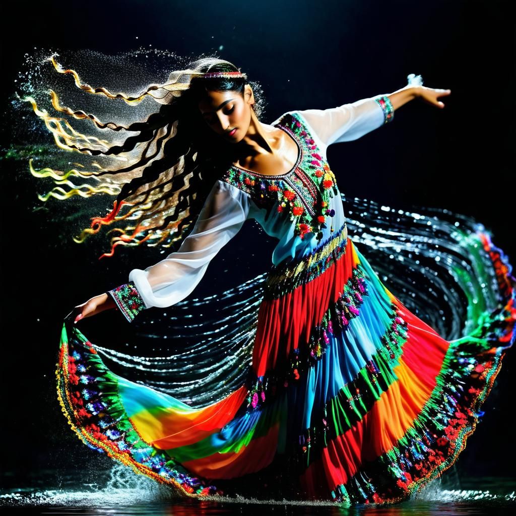 Palestinian Dancer in Embroidered Dress with Water Splash