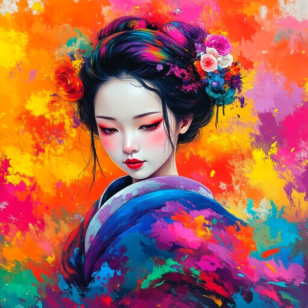 Expressive Geisha Gouache Oil Painting