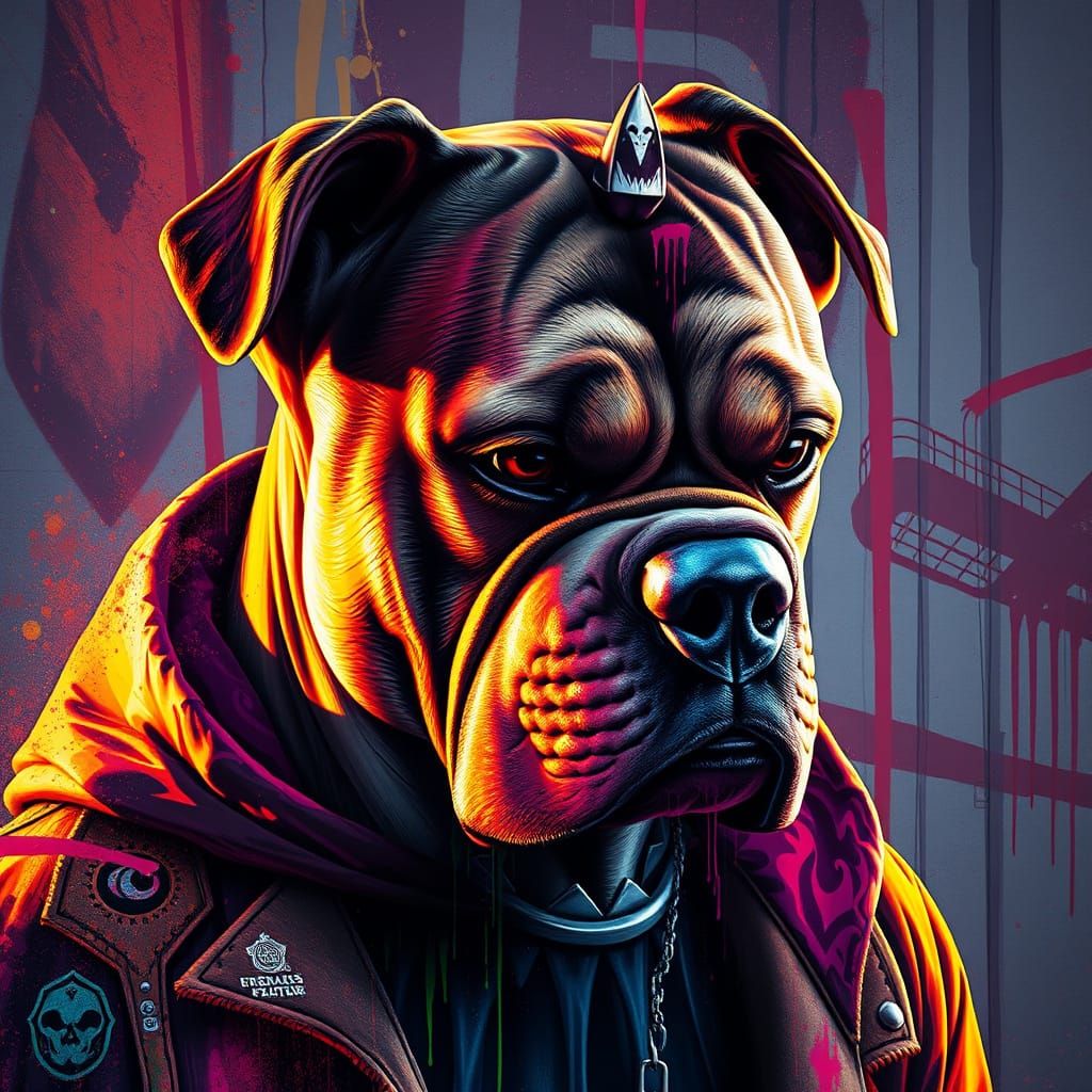 Dynamic Triadic Portrait of a Canine Figure in a Neon City