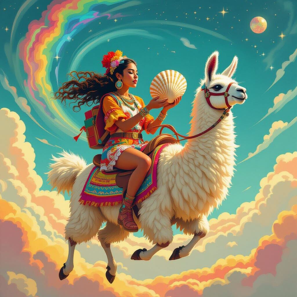 Woman Rides Llama with Sentient Seashell in Space