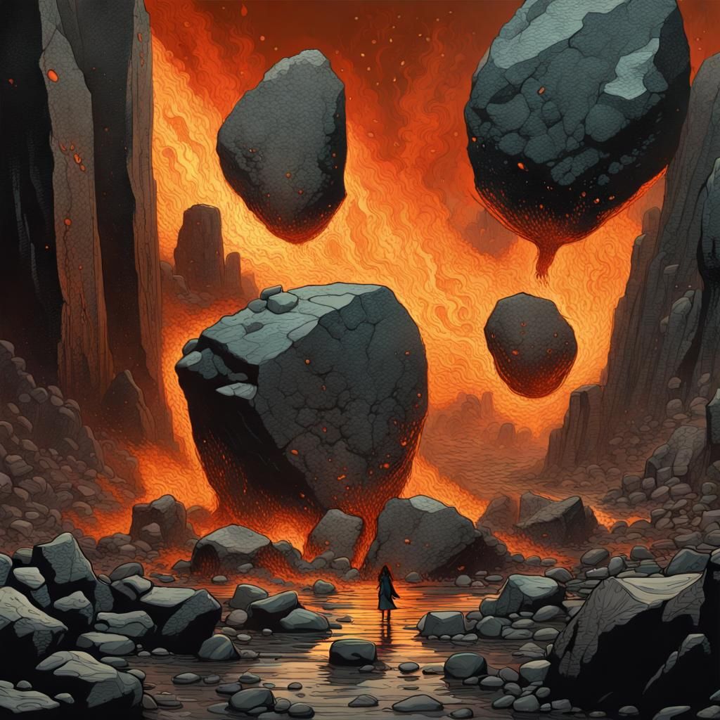 Cataclysmic Stone Hail: Futuristic Silk Screening Artwork