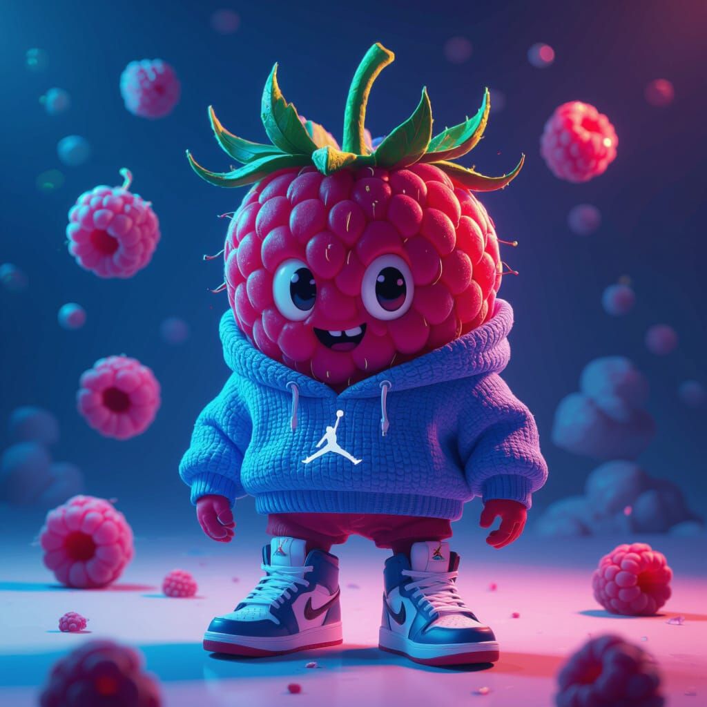 Anthropomorphic Raspberry Character in Blue Sweatshirt and J...
