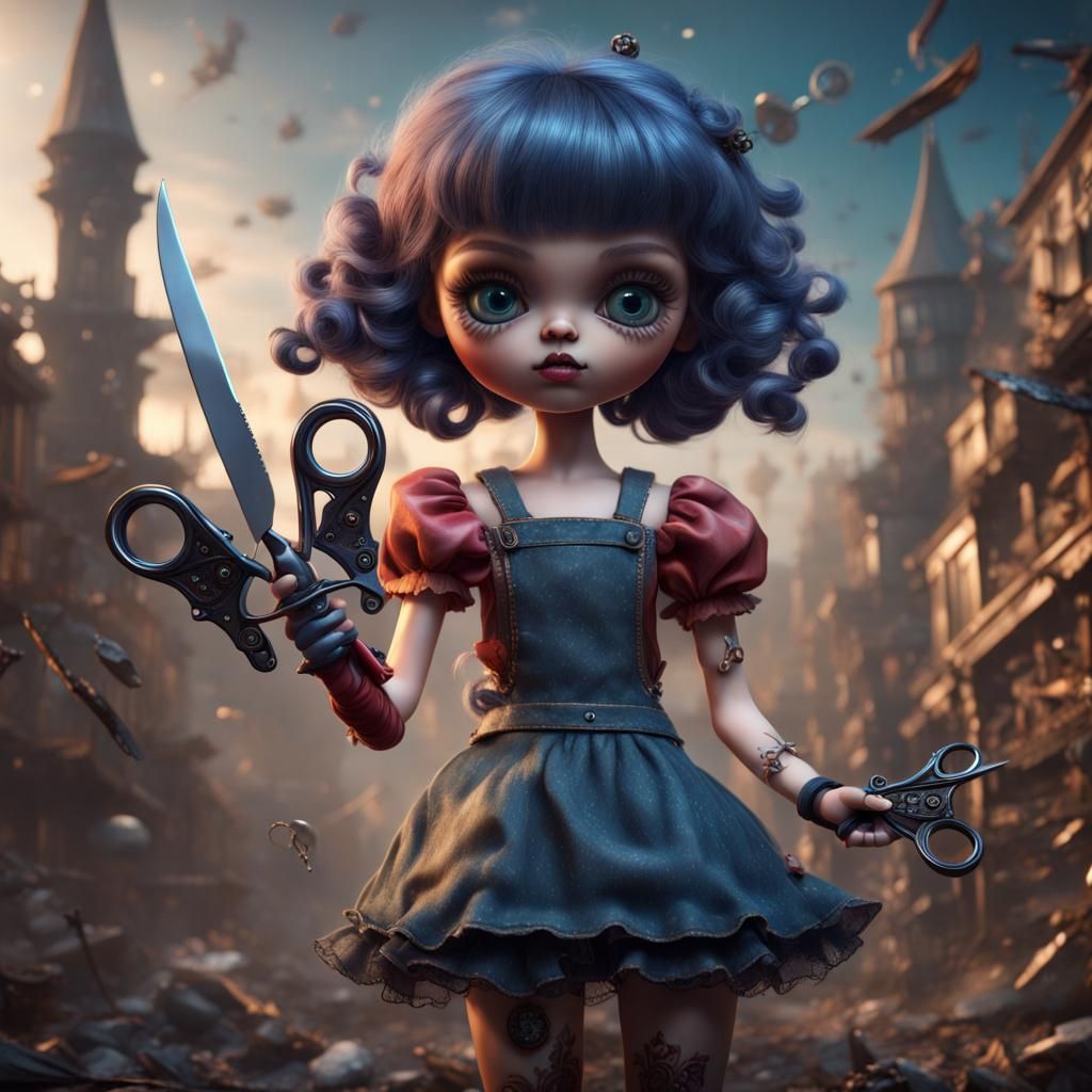 Creepy Doll with Scissors: Detailed Matte Painting
