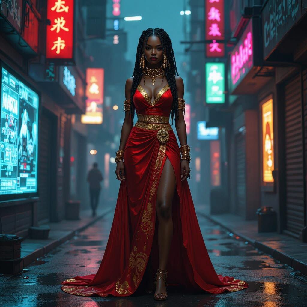 Cyberpunk Portrait of Black Woman with Gold Beads