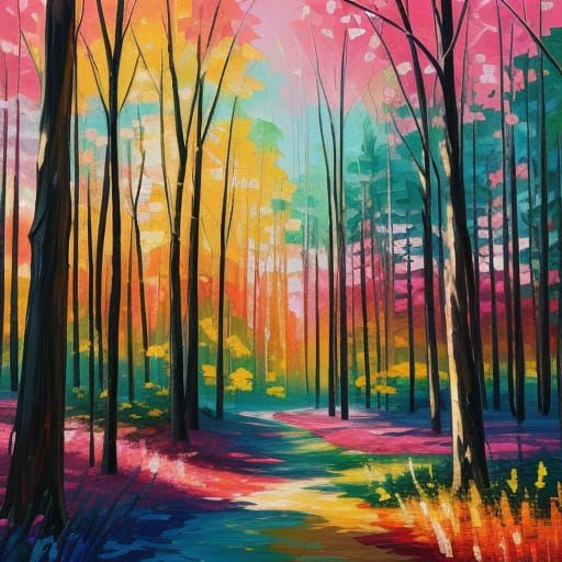 Serene Forest Landscape in Vibrant Impressionist Style