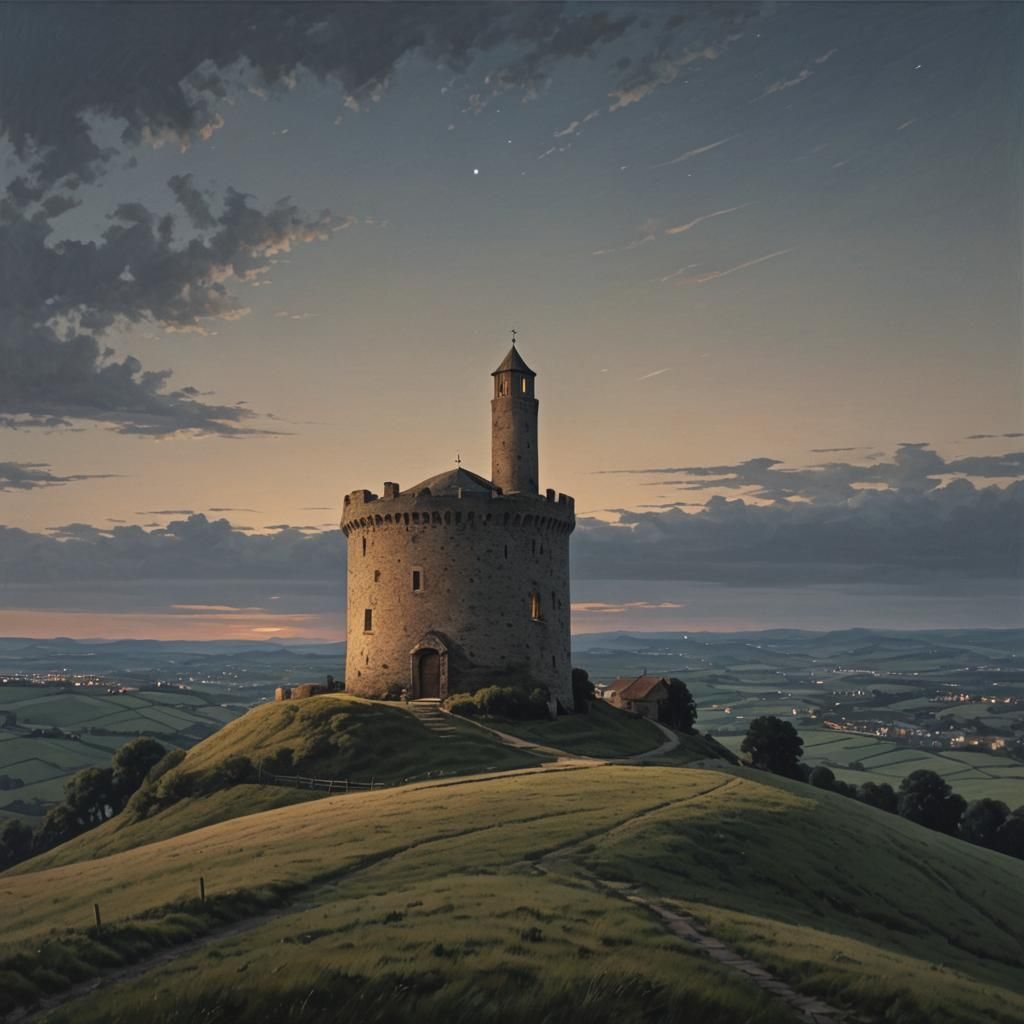 Photorealistic Round Tower at Dusk