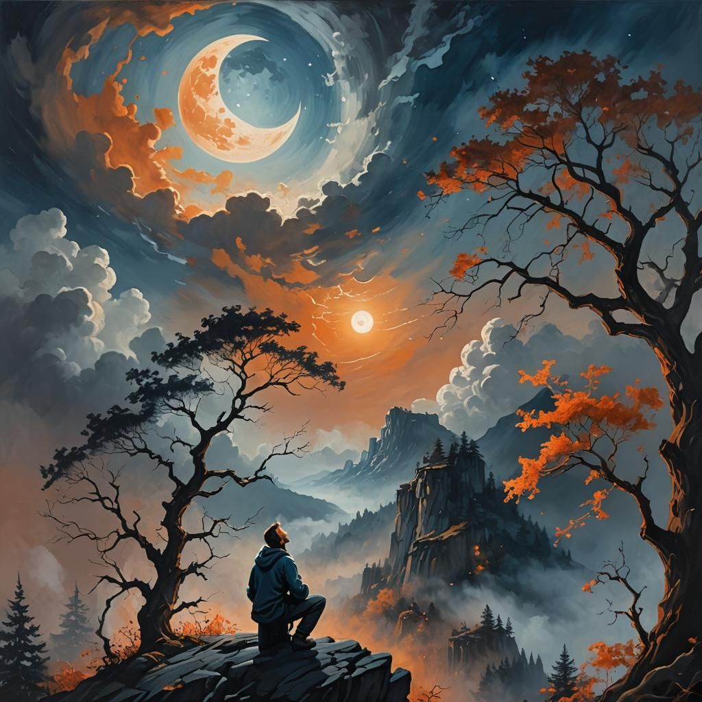 Surreal Landscape: Person Howling at the Moon