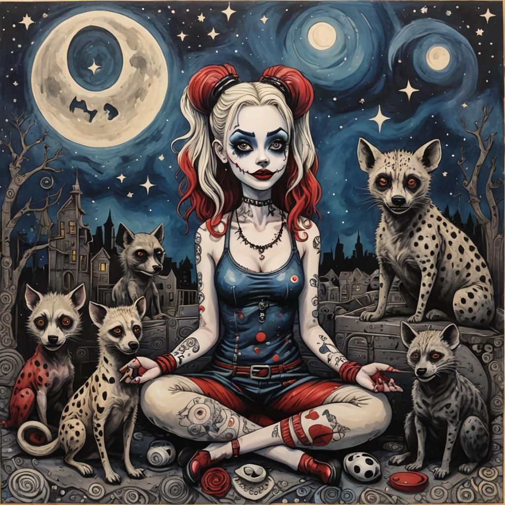 Harley Quinn in Tim Burton Style with Hyenas