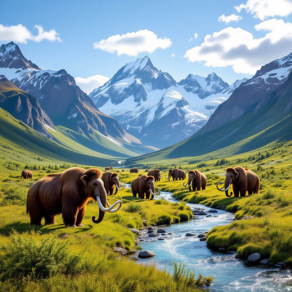 Woolly Mammoths Graze in Lush Green Valley