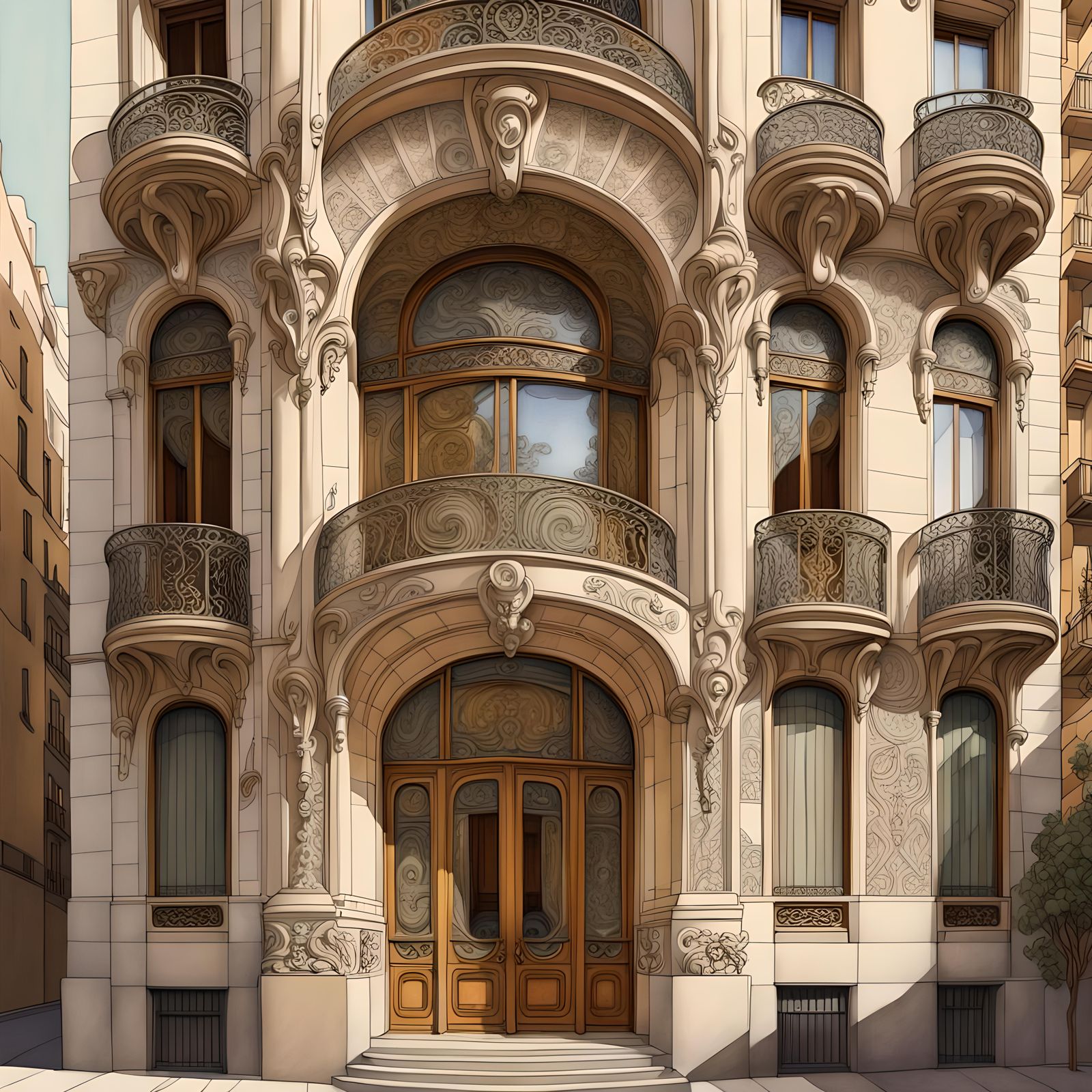 Opulent Barcelona Facade: Delicate Pencil Sketch
