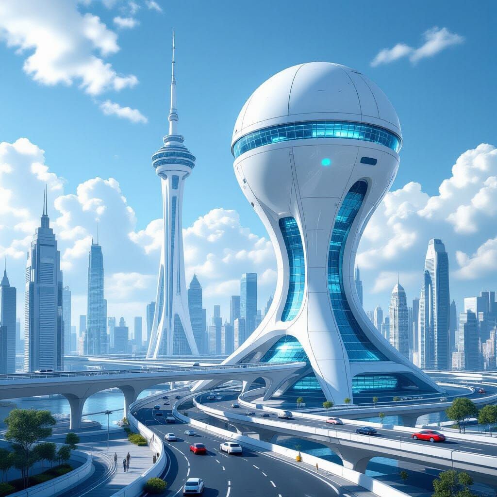 Futuristic Cityscape: Spherical Towers & Skyways