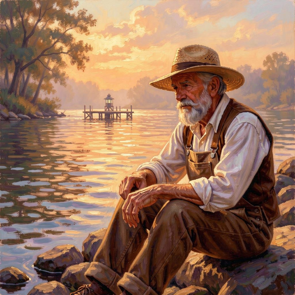 Elderly Man Contemplating River at Golden Hour in Oil Painti...