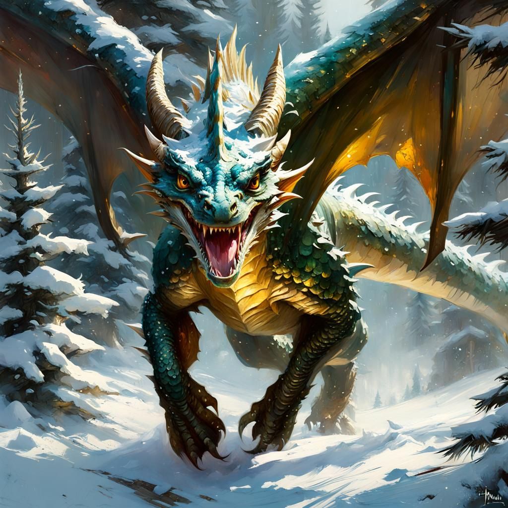 Baby Dragon in Winter Forest, Detailed Matte Painting