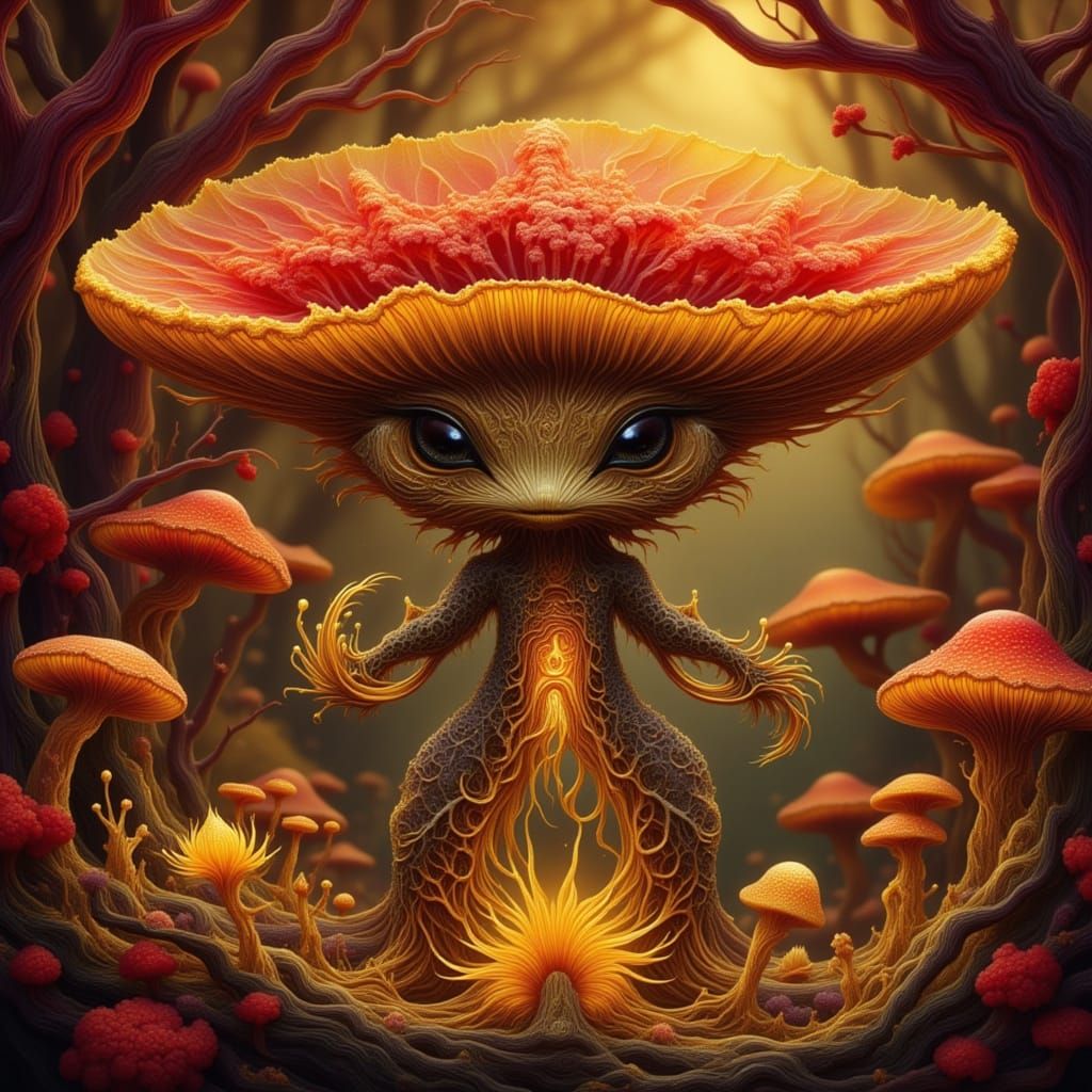 Mushroom Creature in Golden Forest, Ethereal Digital Art