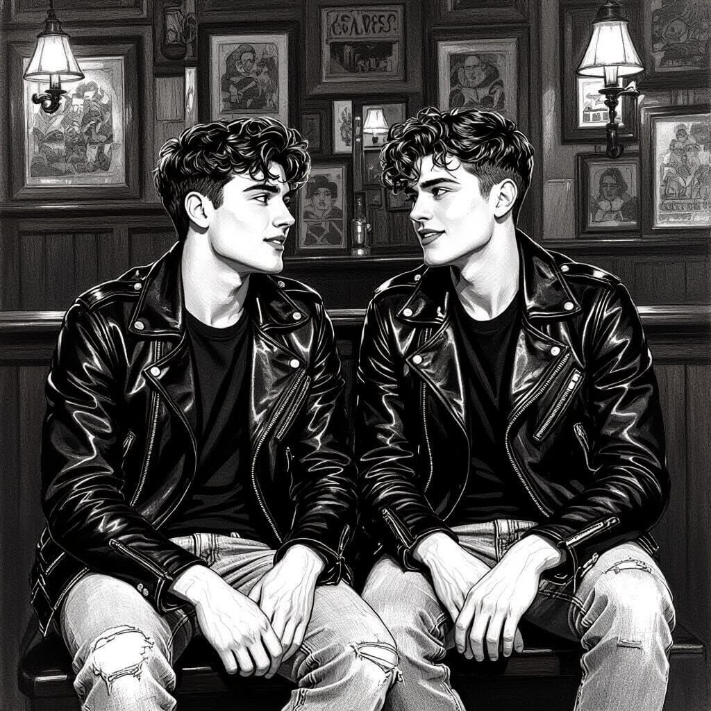 Two Men in Irish Pub: Hyperdetailed Black and White Drawing