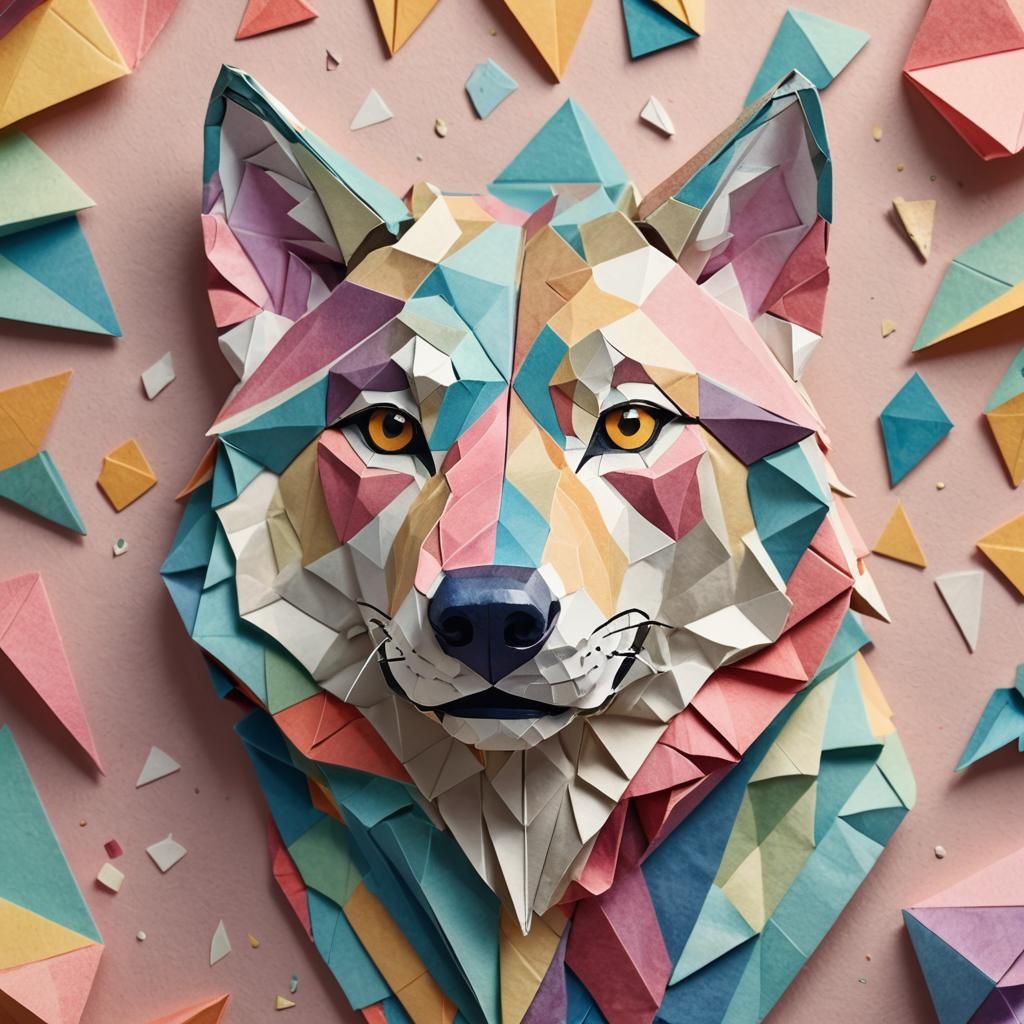 Smiling Wolf Portrait in Origami Papercraft Style