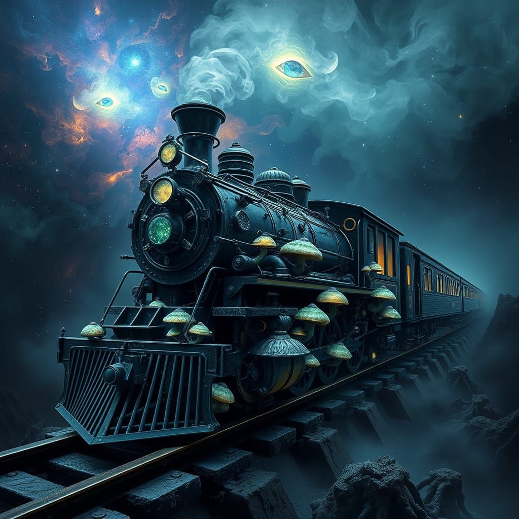 Obsidian Train with Bioluminescent Fungi in Cosmic Void