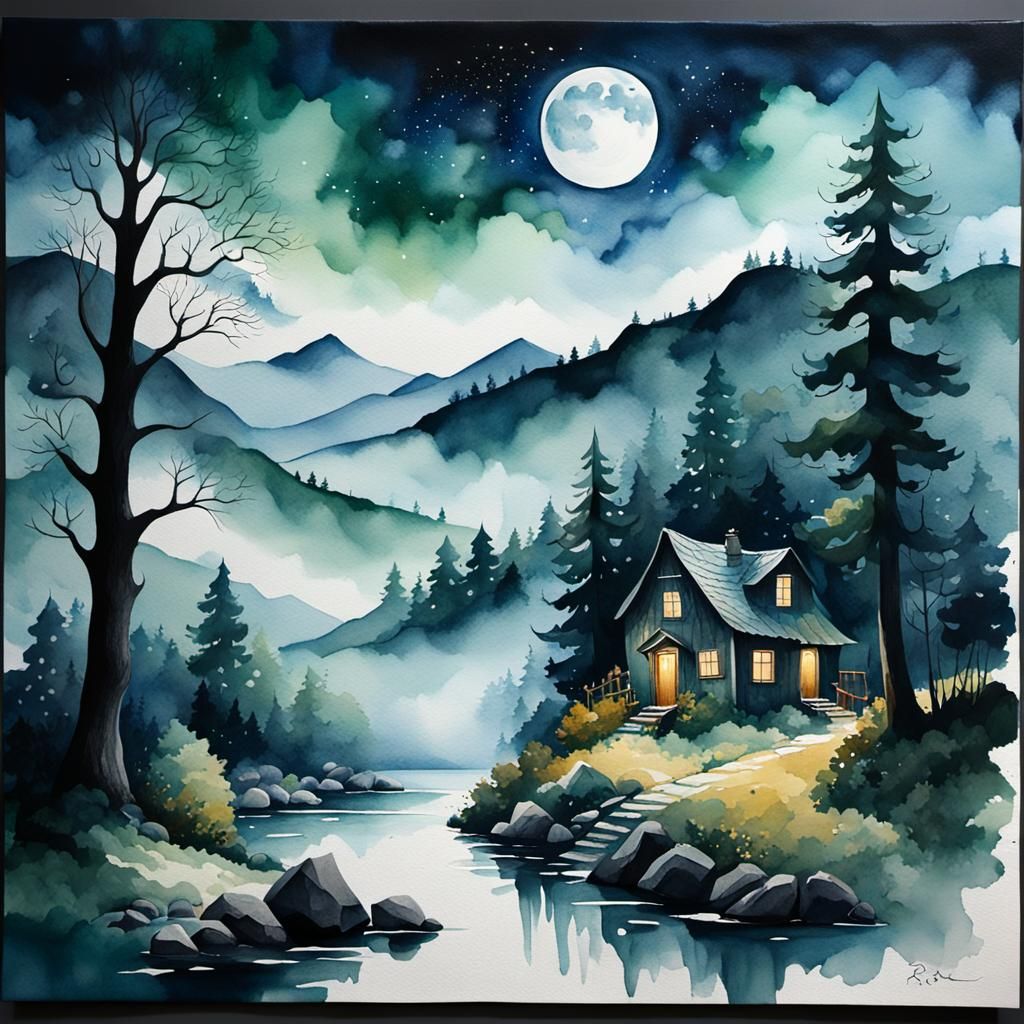 Gothic Watercolor Forest Landscape with Misty Houses