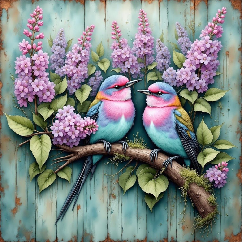 Lilac Rollers in Lilac Bush: Antique Watercolor