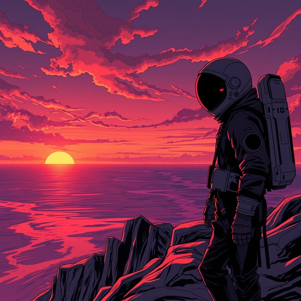 Astronaut on Alien Cliff in Dark Fantasy Style