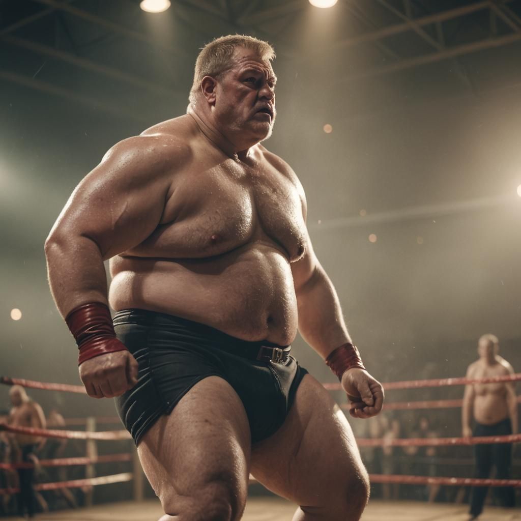 Obese Wrestler in Misty Fighting Ring: Cinematic Film Still