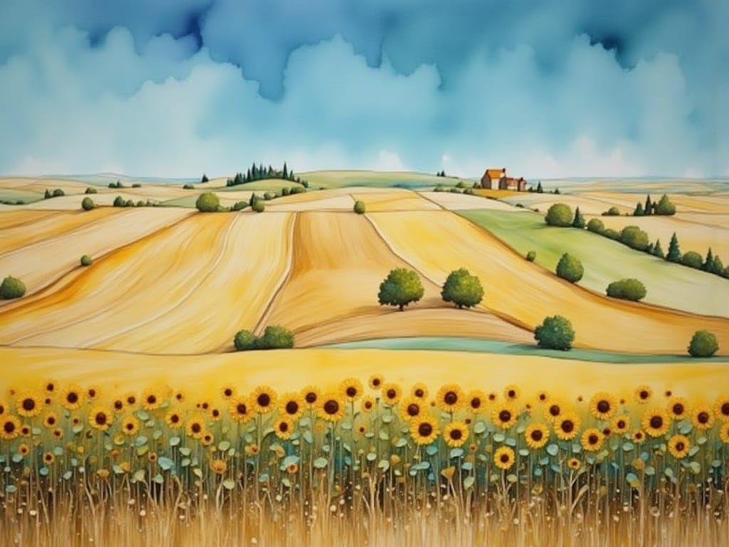 Surreal Sunflowers and Wheat Fields in Whimsical Style