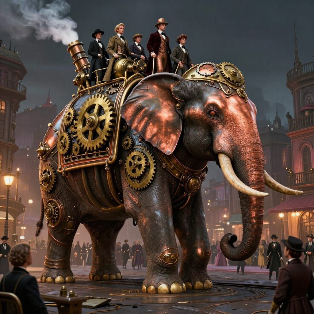 Steampunk Elephant with Victorian Crowd in City