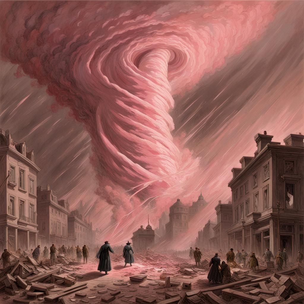 Light Pink Tornado Devastates City: Horror Art