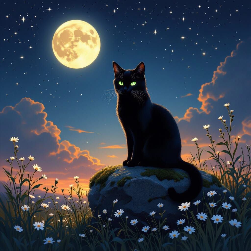 Black Cat on Ancient Stone Under Starry Night Sky
