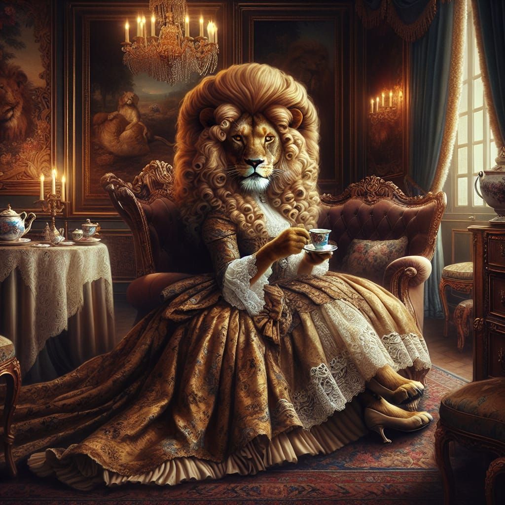 Lioness Queen in Baroque Palace, Oil Painting