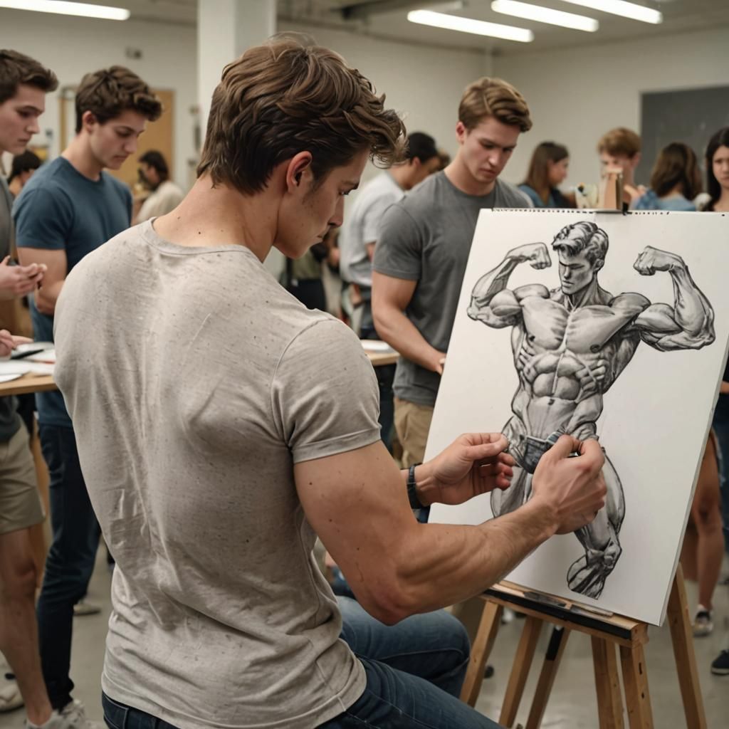 Art Class: Students Sketching Muscular Model in Studio