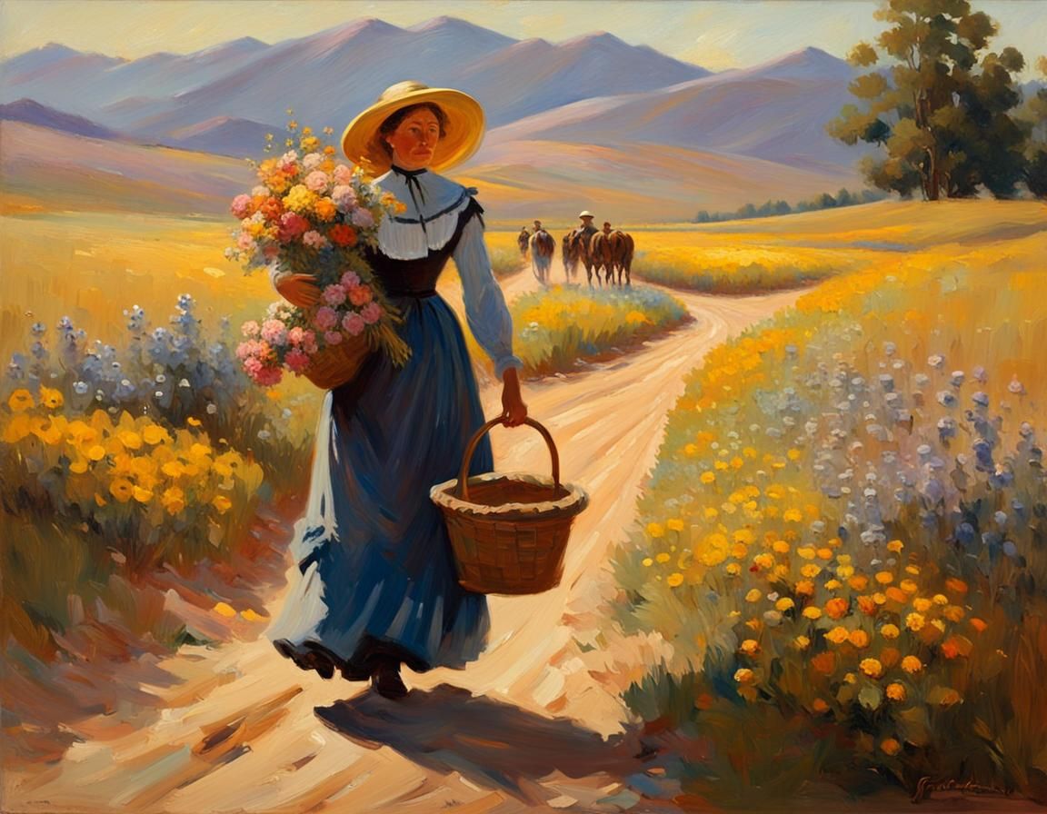 1870s Western Woman with Flowers, Oil Painting